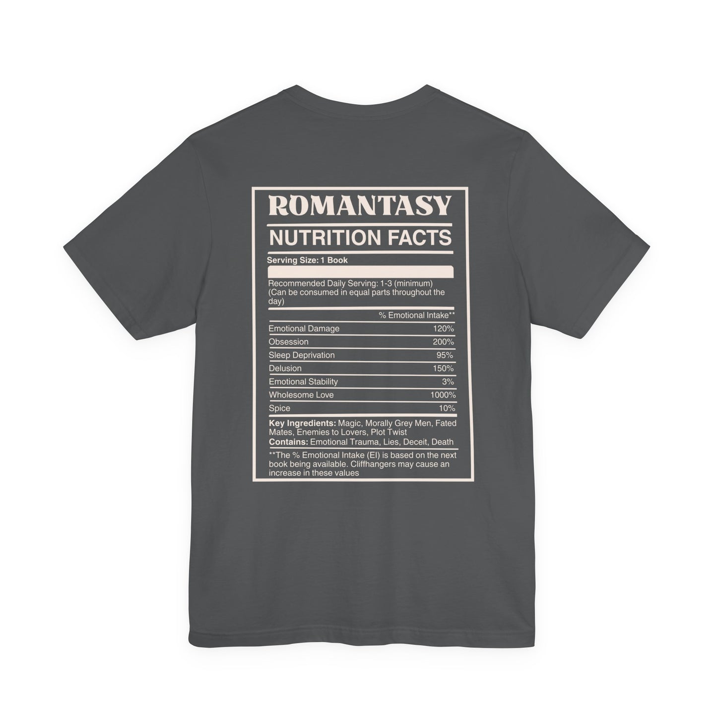 Romantasy Nutrition Facts T-Shirt | Funny Bookish T-shirt for Fantasy Romance Readers | BookTok Gift