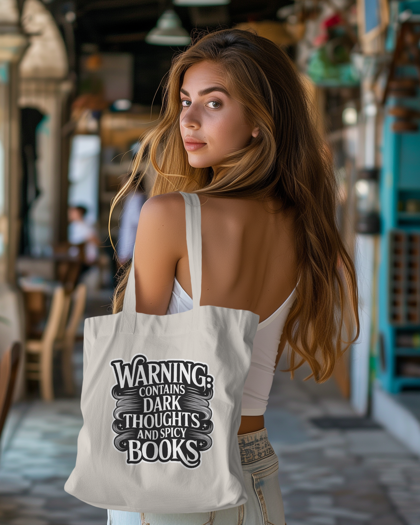 Warning: Contains Dark Thoughts and Spicy Books Tote Bag | Bookish Canvas Bag | Romantasy Reader Gift