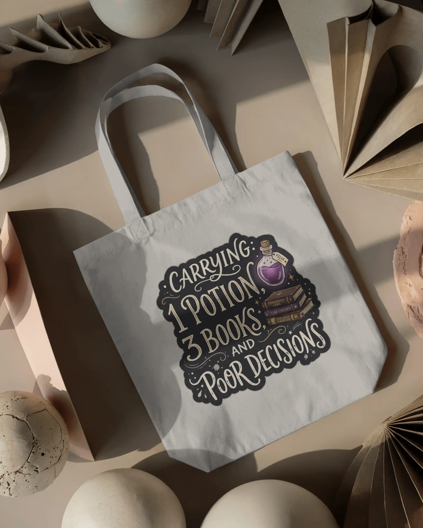 Carrying 1 Potion, 3 Books, and Poor Decisions Tote Bag | Bookish Canvas Bag | Romantasy Reader Gift